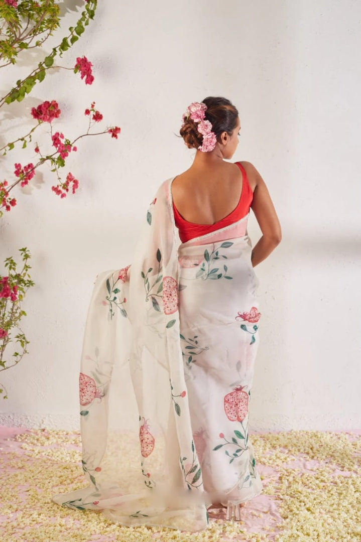 CLOVIRA 1-Minute Ready-to-Wear Organza Silk Saree with Satin Blouse | Printed & Handwork Designer Collection