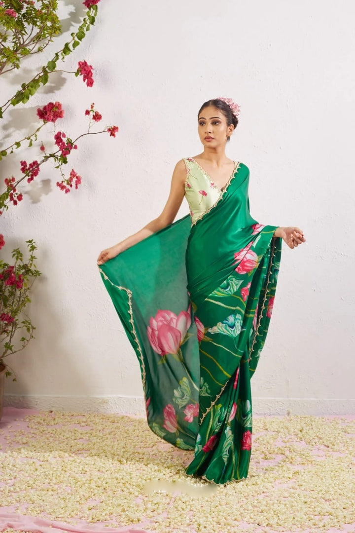 CLOVIRA 1-Minute Ready-to-Wear Satin Silk Saree with Printed & Handwork Border | Luxurious Designer Collection