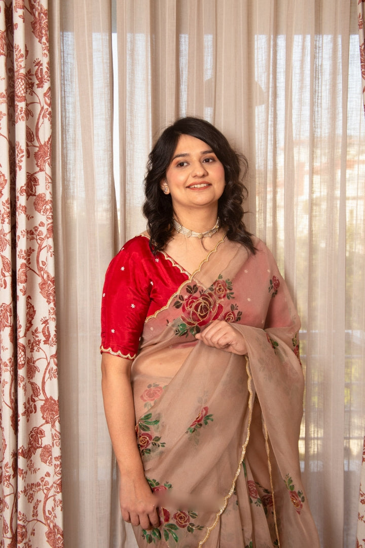 CLOVIRA Ready-to-Wear Tabby Organza Saree with Printed & Handwork Border | Luxurious Designer Collection