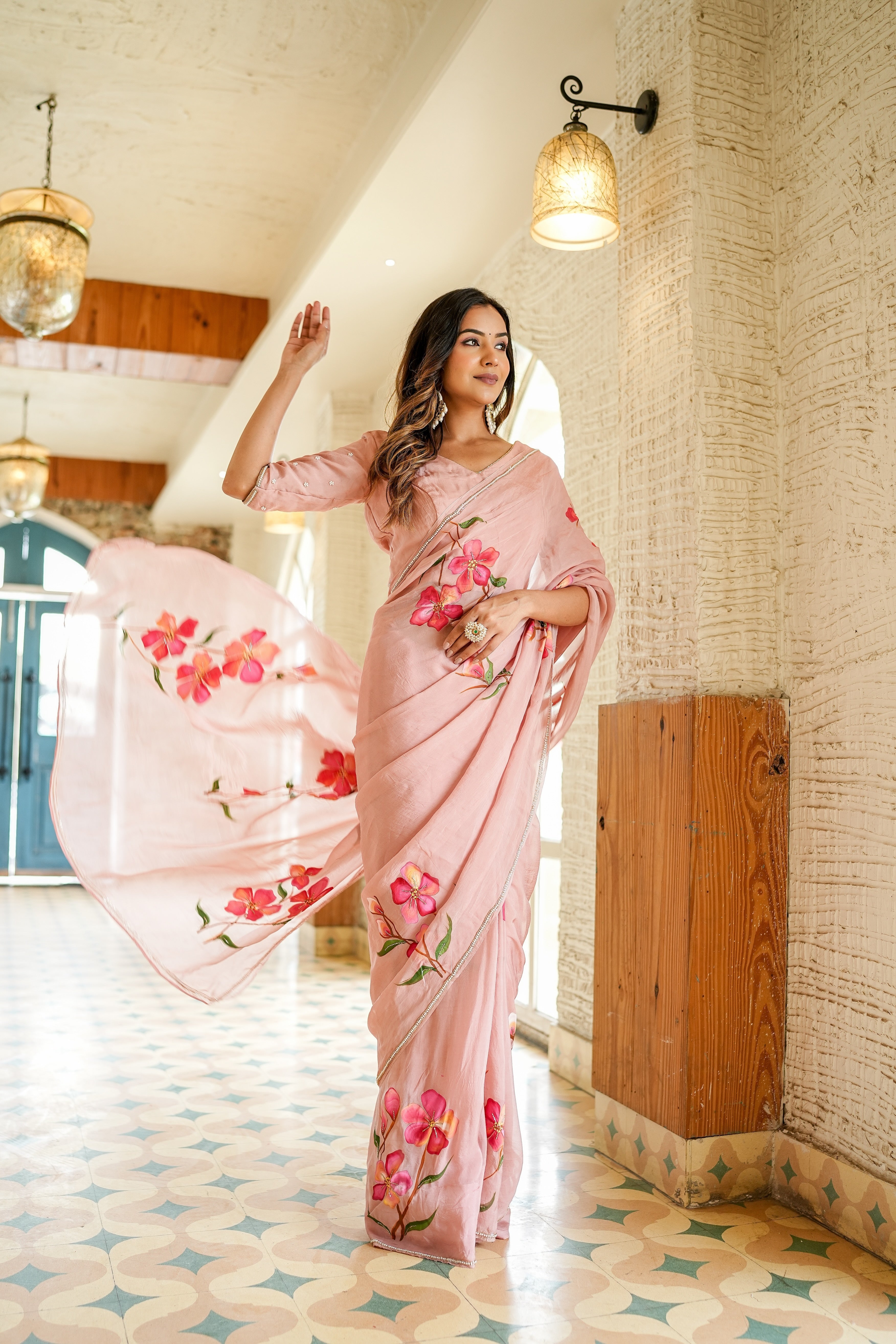 CLOVIRA Graceful 1-Minute Ready-To-Wear Peach Georgette Silk Saree | Printed & Handwork Border with Stitched Blouse