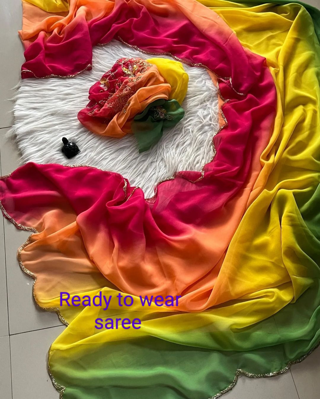 Exquisite 1-Minute Ready-To-Wear Peach Georgette Saree | Printed Design with Border Work & Blouse Piece