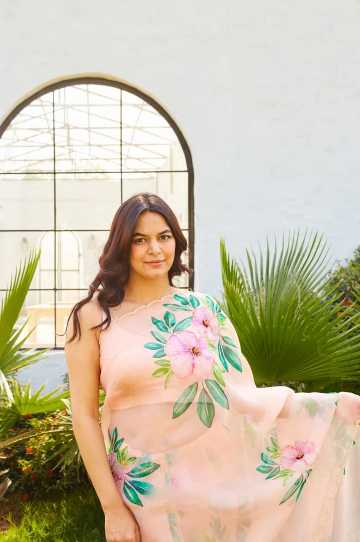 Exquisite 1-Minute Ready-To-Wear Organza Silk Saree | Printed Design with Border Work & Blouse Piece