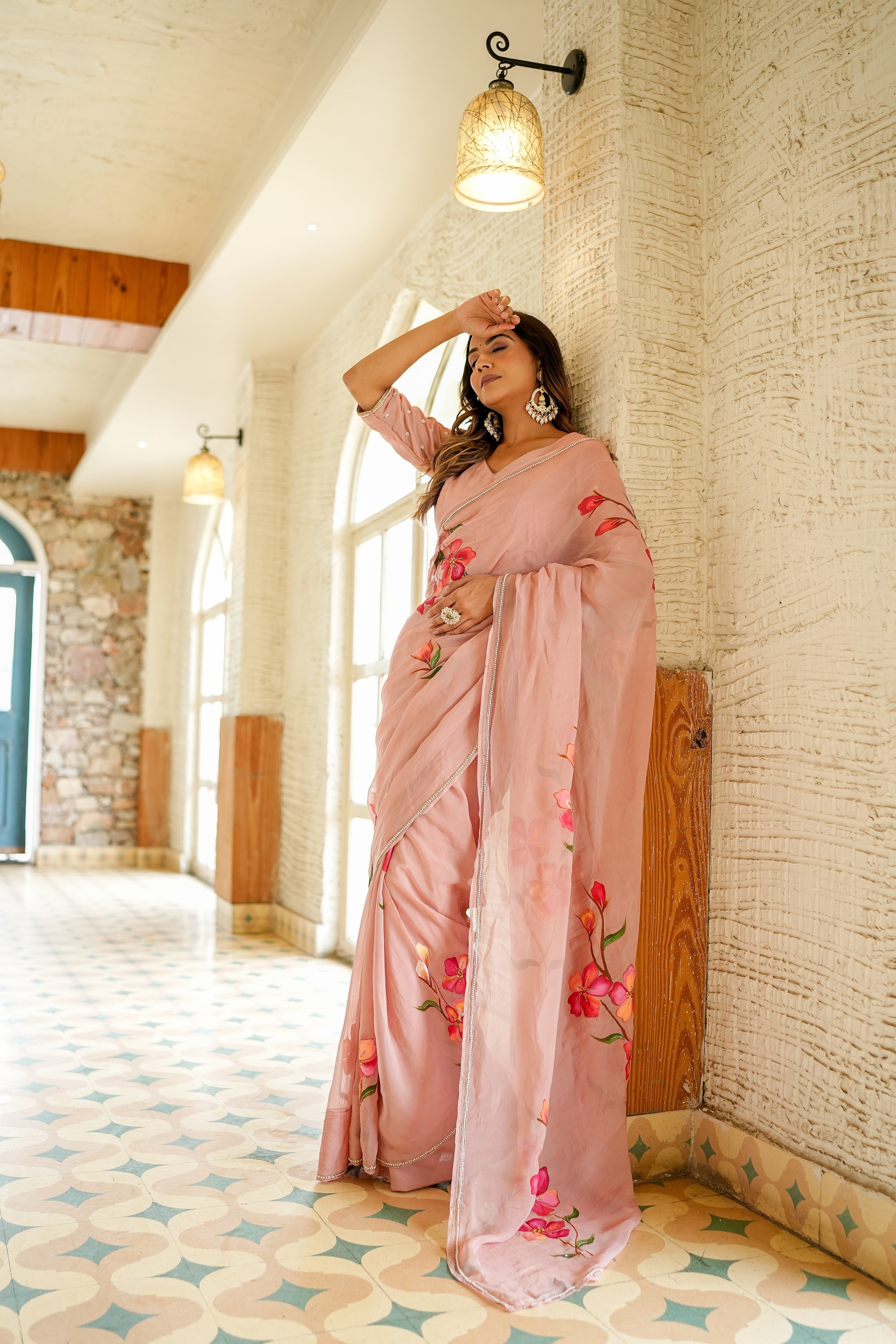 CLOVIRA Graceful 1-Minute Ready-To-Wear Peach Georgette Silk Saree | Printed & Handwork Border with Stitched Blouse