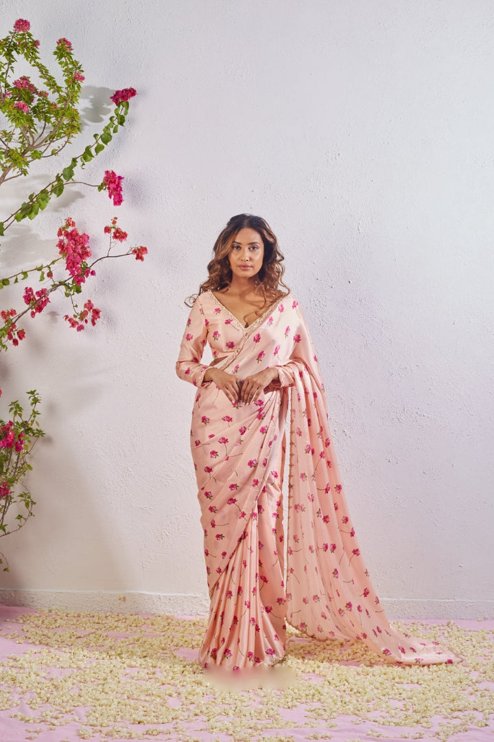 CLOVIRA Exquisite 1-Minute Ready-To-Wear Satin Silk Saree | Digital Print & Handwork Border with Stitched Blouse