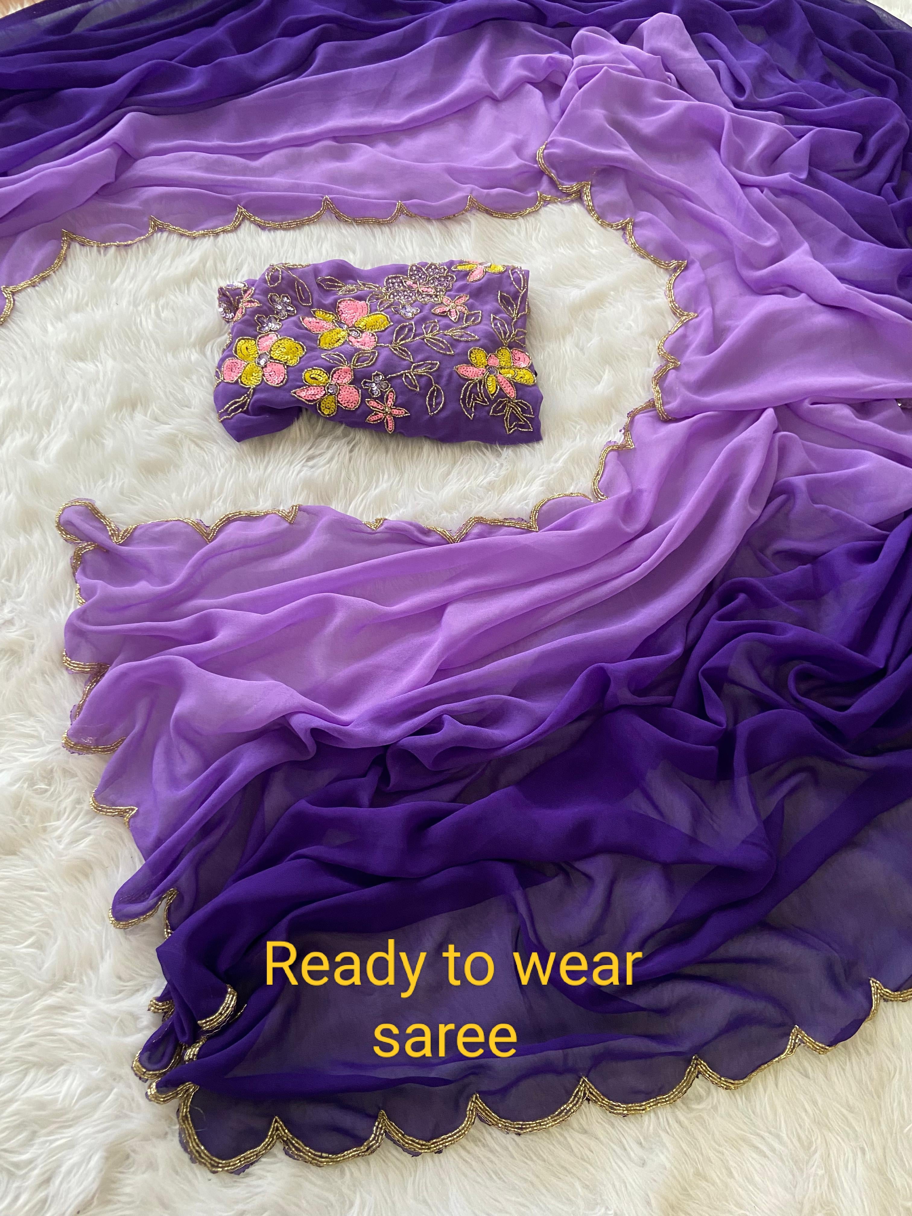 Exquisite 1-Minute Ready-To-Wear Peach Georgette Saree | Printed Design with Border Work & Blouse Piece