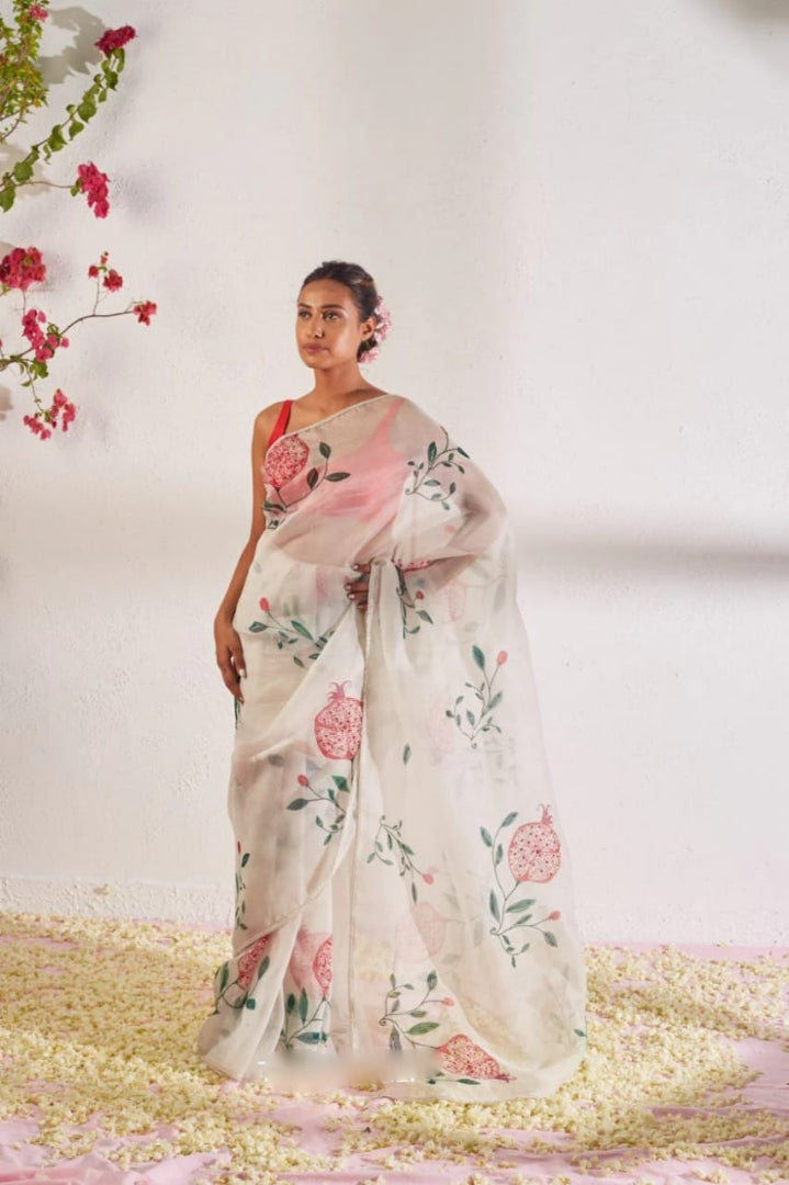CLOVIRA 1-Minute Ready-to-Wear Organza Silk Saree with Satin Blouse | Printed & Handwork Designer Collection