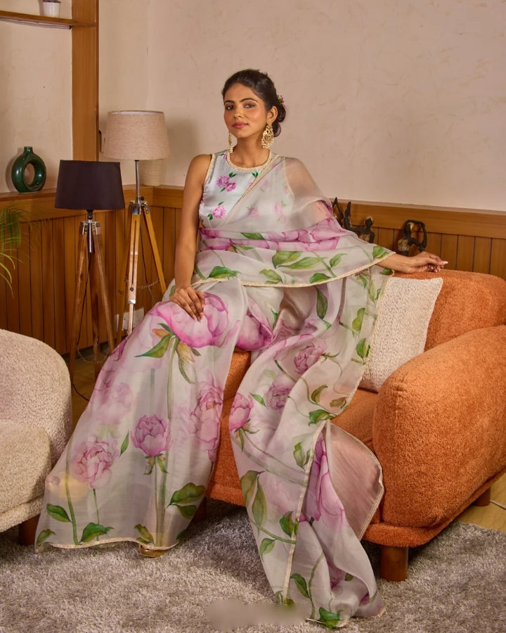 CLOVIRA Tabby Organza Ready-to-Wear Saree with Stitched Blouse | Elegant Designer Party Wear Collection