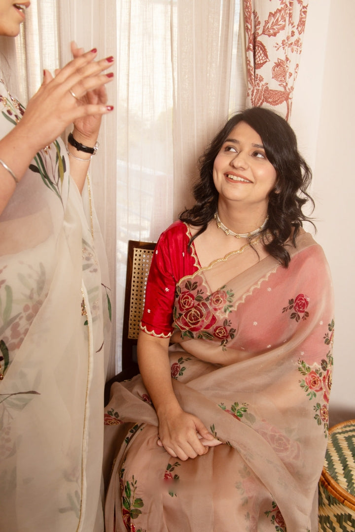 CLOVIRA Ready-to-Wear Tabby Organza Saree with Printed & Handwork Border | Luxurious Designer Collection