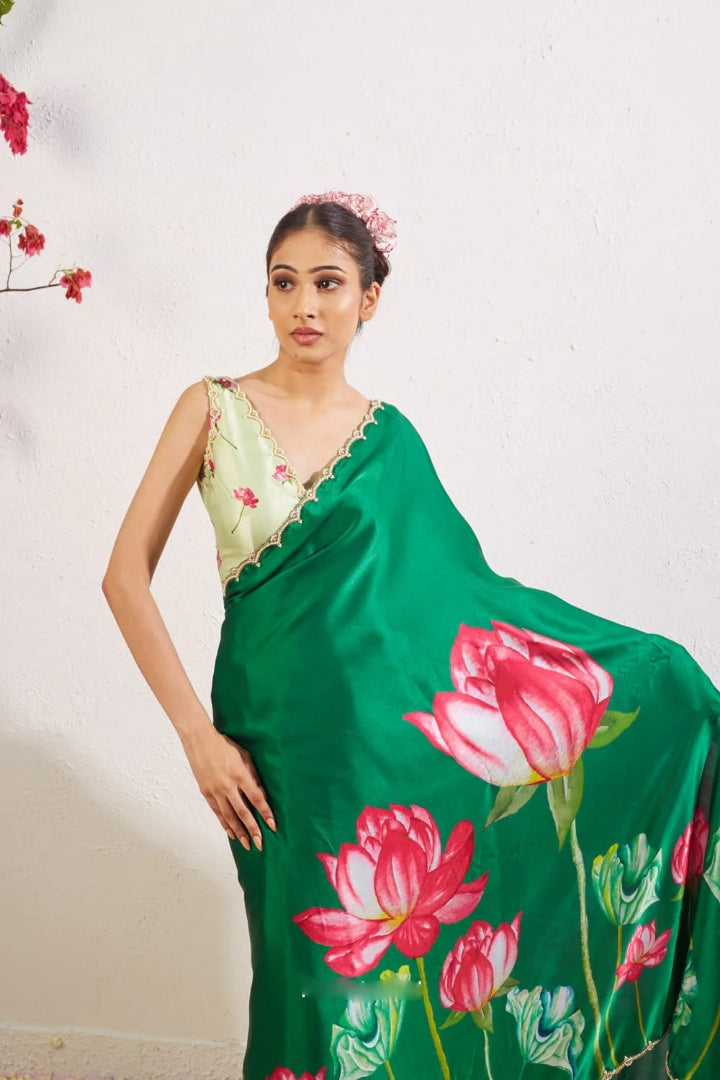 CLOVIRA 1-Minute Ready-to-Wear Satin Silk Saree with Printed & Handwork Border | Luxurious Designer Collection