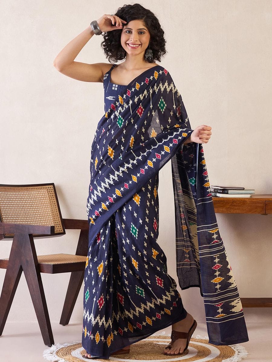 CLOVIRA Pure Soft Mul Cotton Silk Ready-to-Wear Saree with Pocket