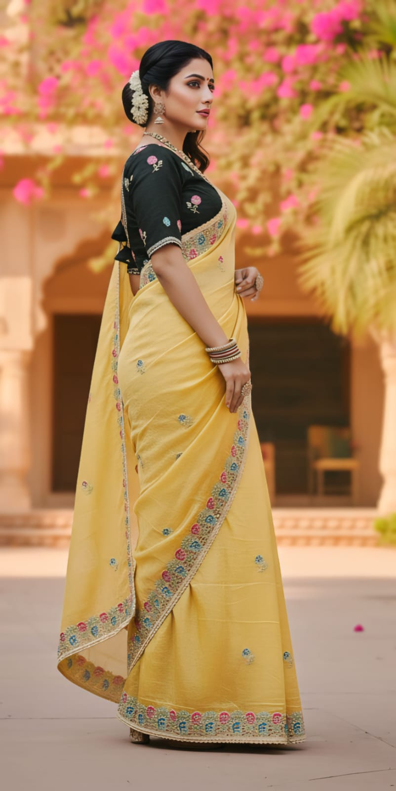 Premium Designer Soft Gold Crush Silk Saree | Multicolor Embroidery Cutwork Border with Stitched Blouse