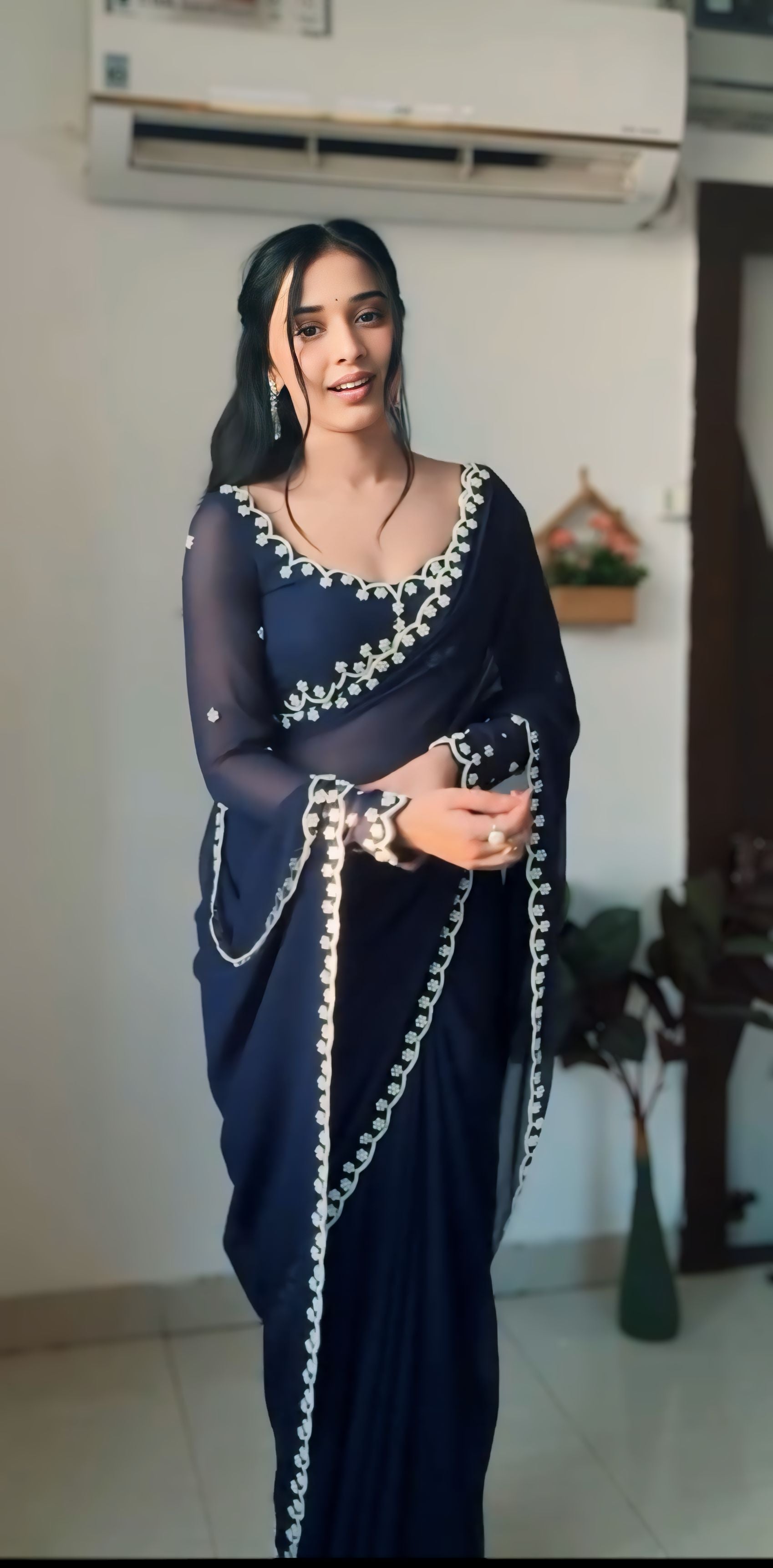 1-Minute Ready-To-Wear Premium Georgette Saree | Handwork & Pearl Detailing with Blouse Piece