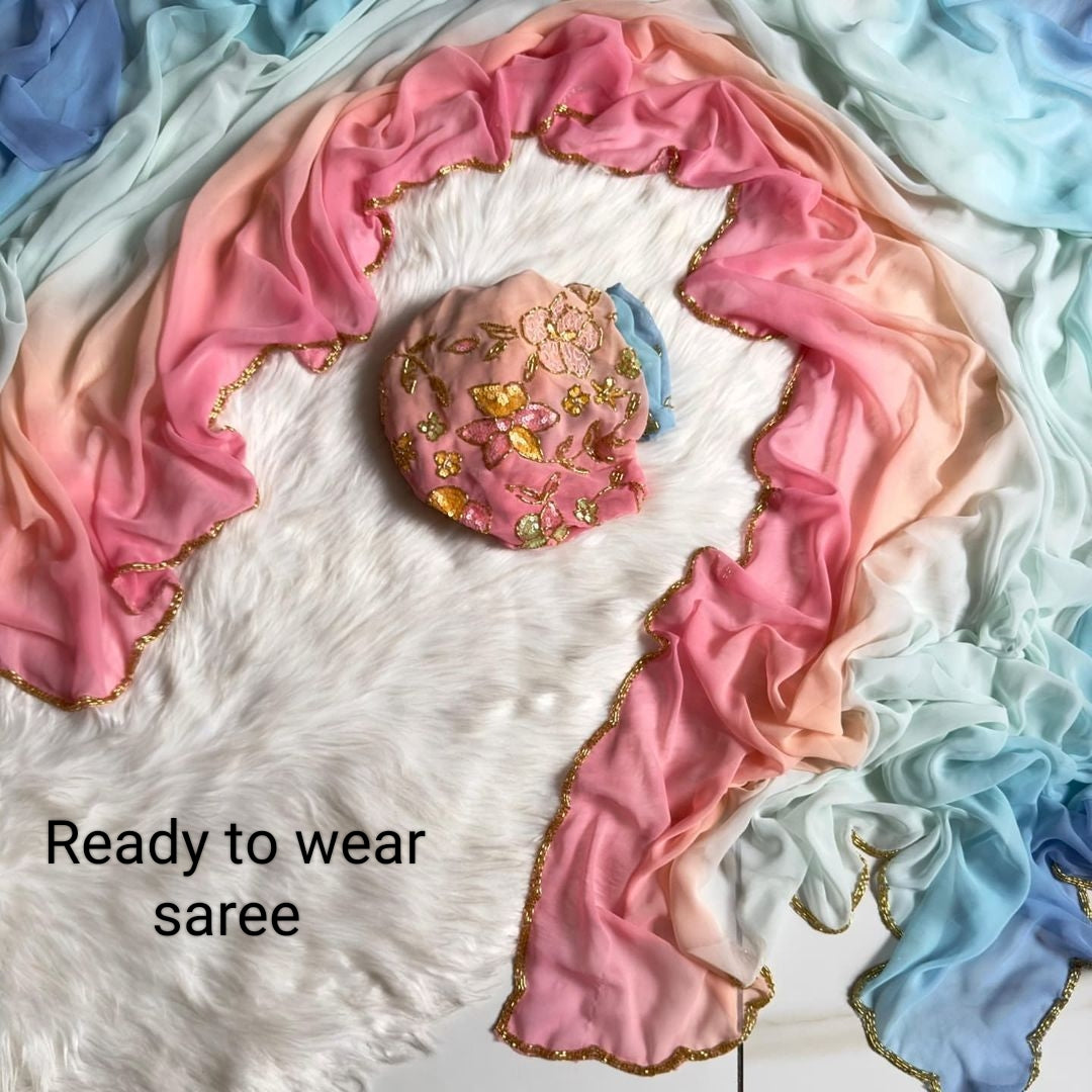 Exquisite 1-Minute Ready-To-Wear Peach Georgette Saree | Printed Design with Border Work & Blouse Piece