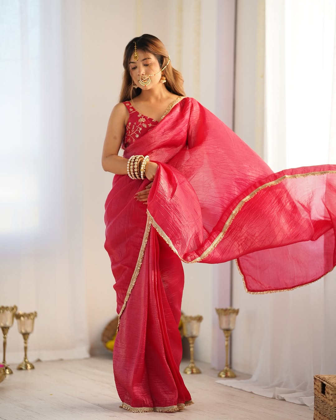 CLOVIRA Royal 1-Minute Ready-To-Wear Golden Crush Silk Saree | Elegant Border with Stitched Blouse
