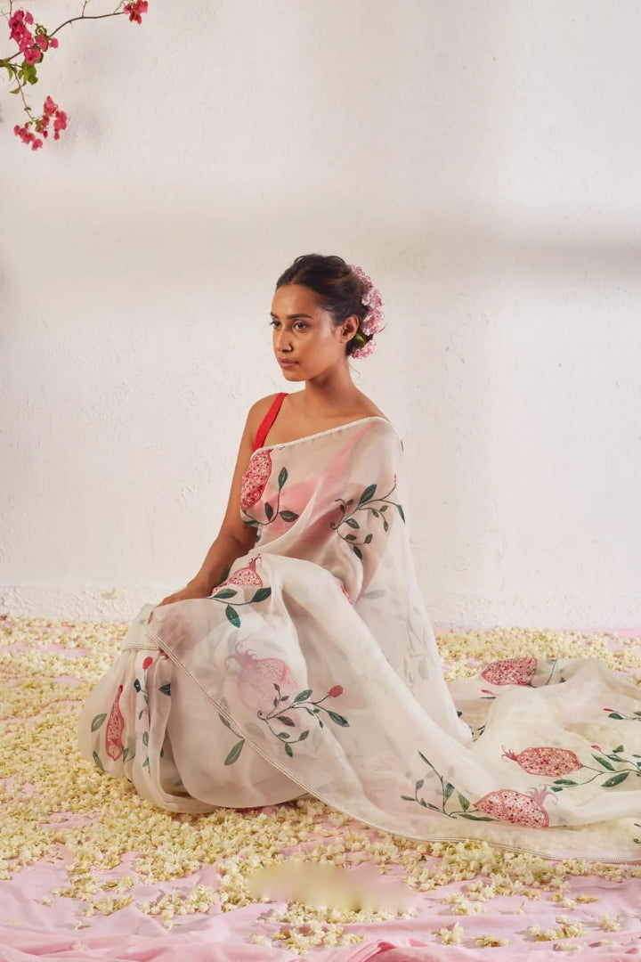 CLOVIRA 1-Minute Ready-to-Wear Organza Silk Saree with Satin Blouse | Printed & Handwork Designer Collection