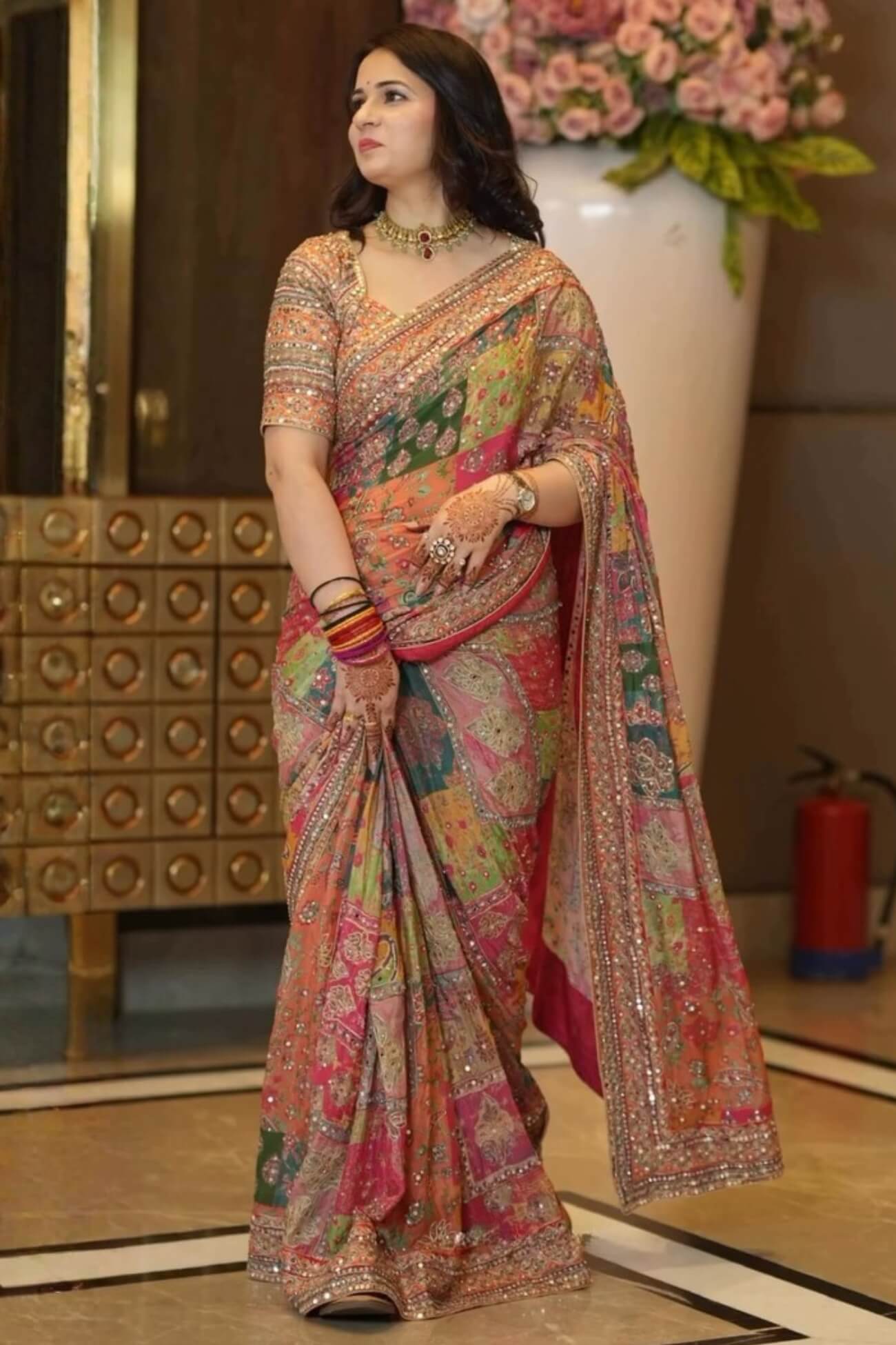 Multicolor Printed Chinon Silk Patchwork Saree with Heavy Mirror Work
