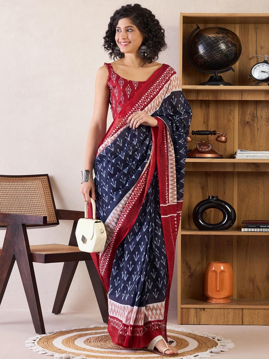 CLOVIRA Pure Soft Mul Cotton Silk Ready-to-Wear Saree with Pocket