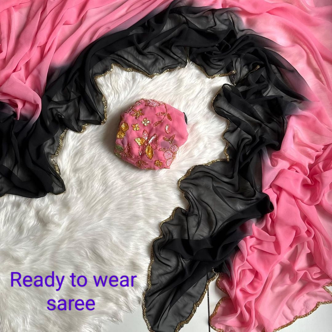 Exquisite 1-Minute Ready-To-Wear Peach Georgette Saree | Printed Design with Border Work & Blouse Piece