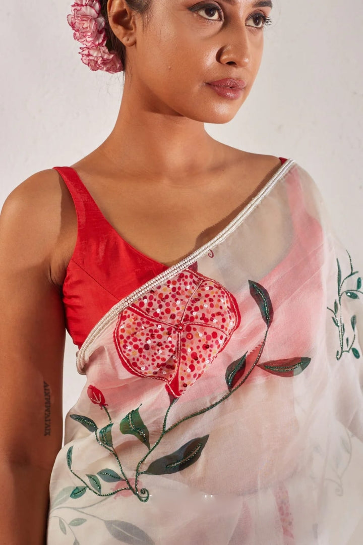 CLOVIRA 1-Minute Ready-to-Wear Organza Silk Saree with Satin Blouse | Printed & Handwork Designer Collection