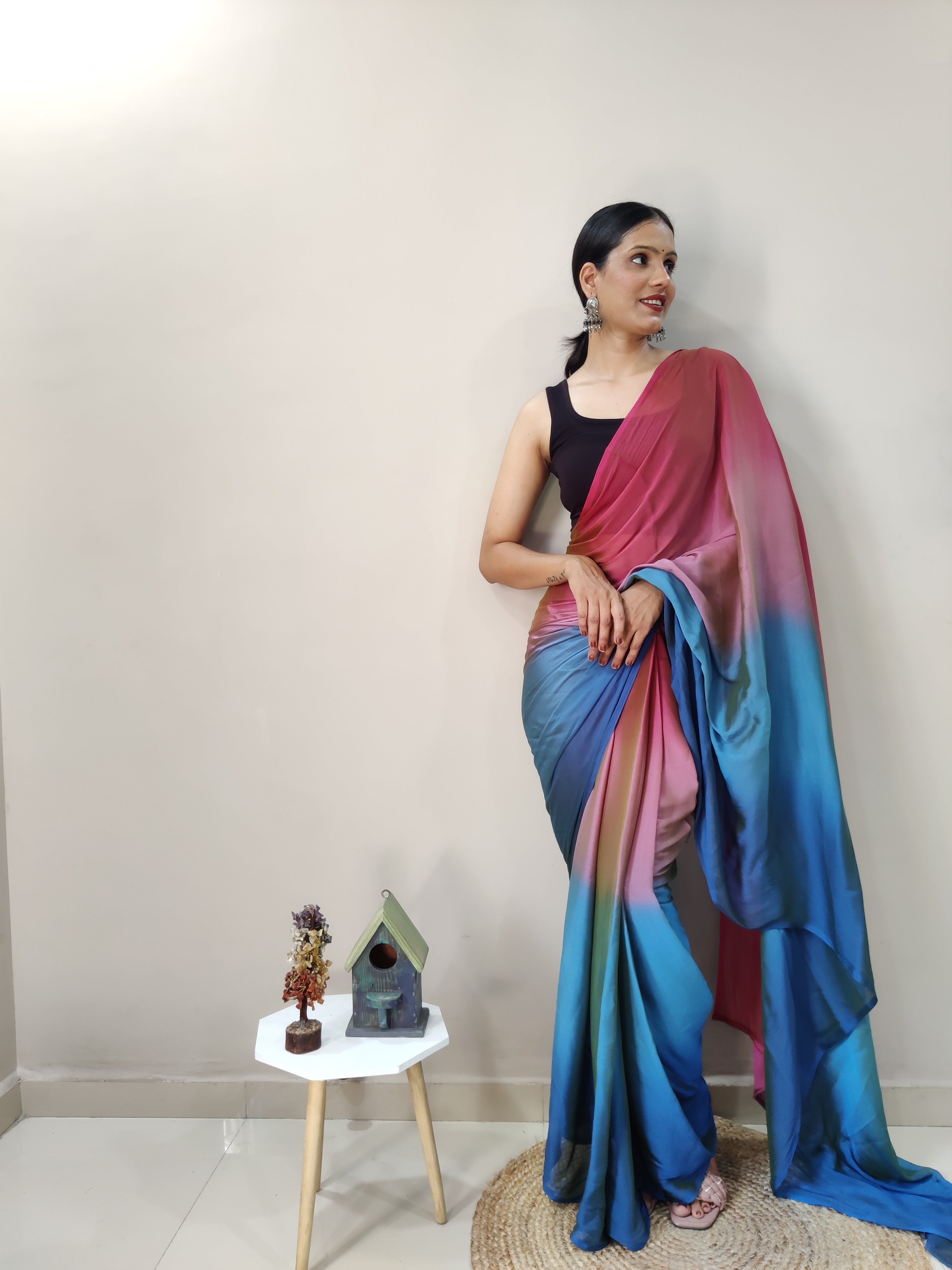 Magnificat 1-Minute Ready-To-Wear Multi-Colour Chiffon Silk Saree | Printed Design with Blouse Piece