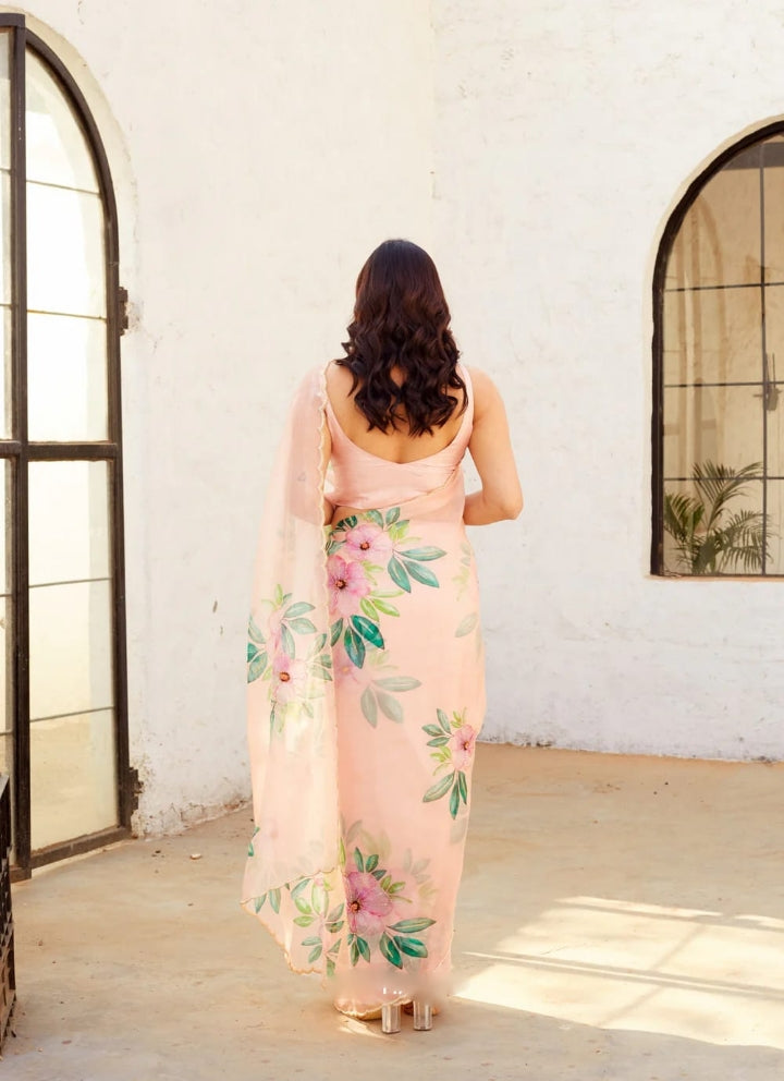 Exquisite 1-Minute Ready-To-Wear Organza Silk Saree | Printed Design with Border Work & Blouse Piece