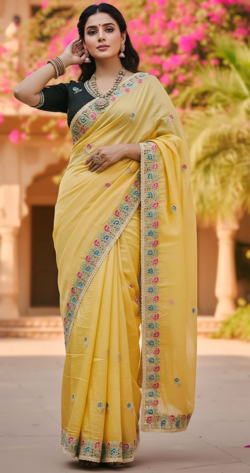 Premium Designer Soft Gold Crush Silk Saree | Multicolor Embroidery Cutwork Border with Stitched Blouse