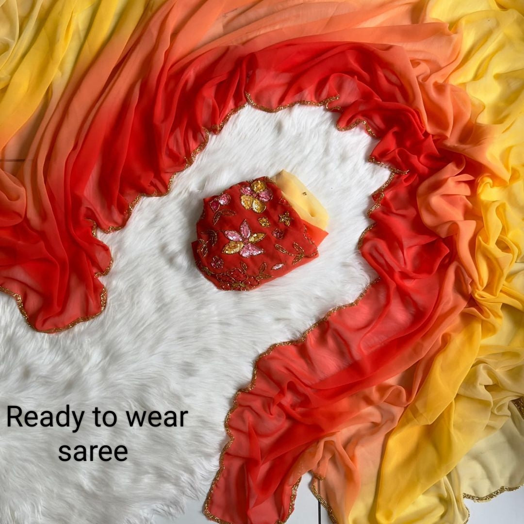 Exquisite 1-Minute Ready-To-Wear Peach Georgette Saree | Printed Design with Border Work & Blouse Piece