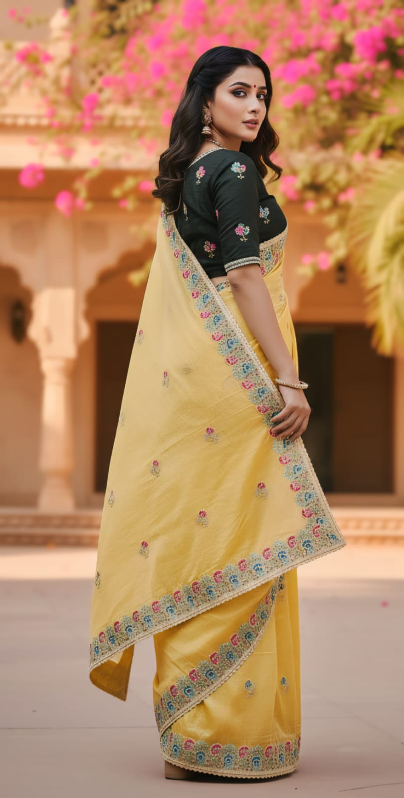 Premium Designer Soft Gold Crush Silk Saree | Multicolor Embroidery Cutwork Border with Stitched Blouse