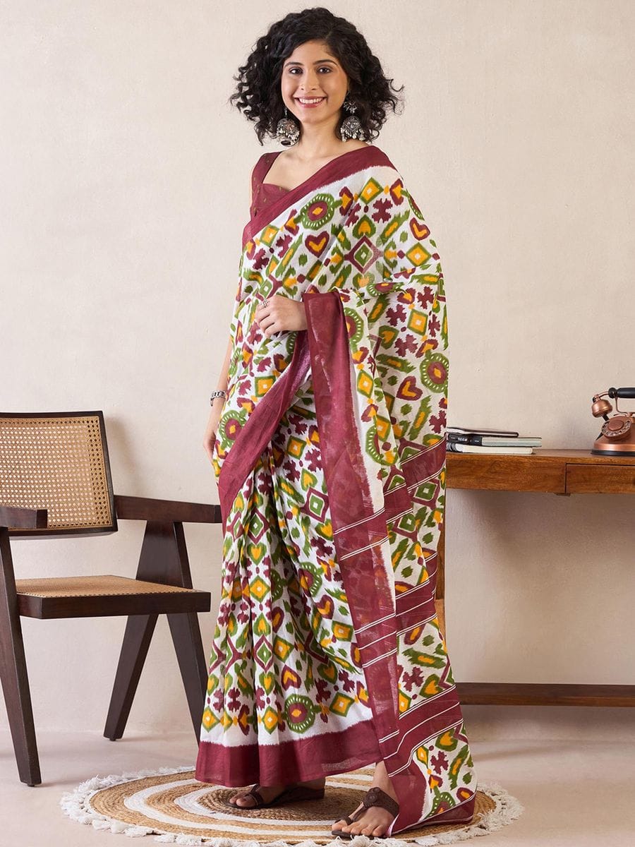CLOVIRA Pure Soft Mul Cotton Silk Ready-to-Wear Saree with Pocket
