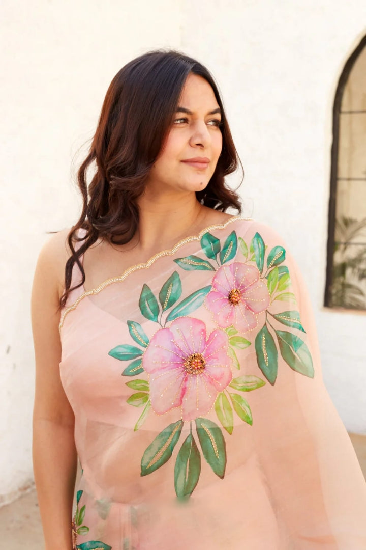 Exquisite 1-Minute Ready-To-Wear Organza Silk Saree | Printed Design with Border Work & Blouse Piece