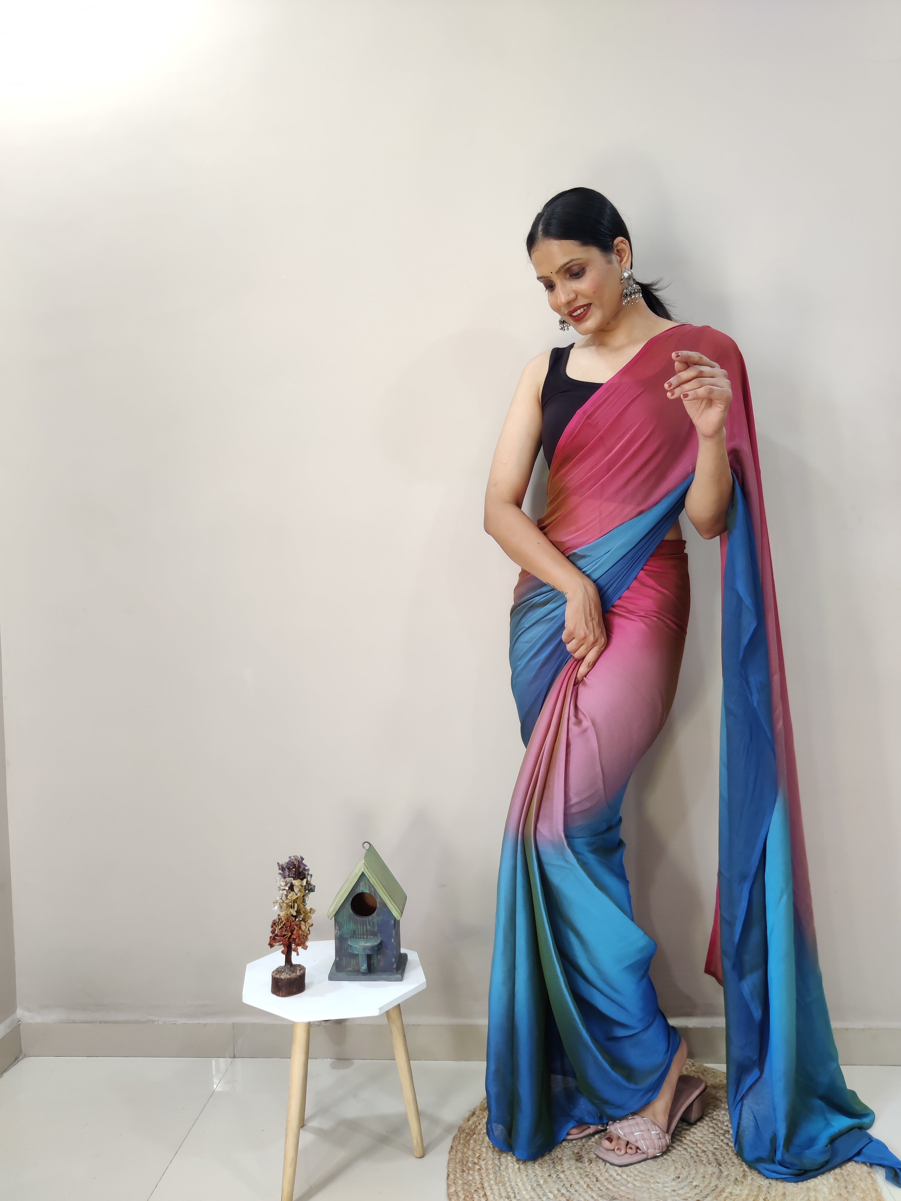Magnificat 1-Minute Ready-To-Wear Multi-Colour Chiffon Silk Saree | Printed Design with Blouse Piece