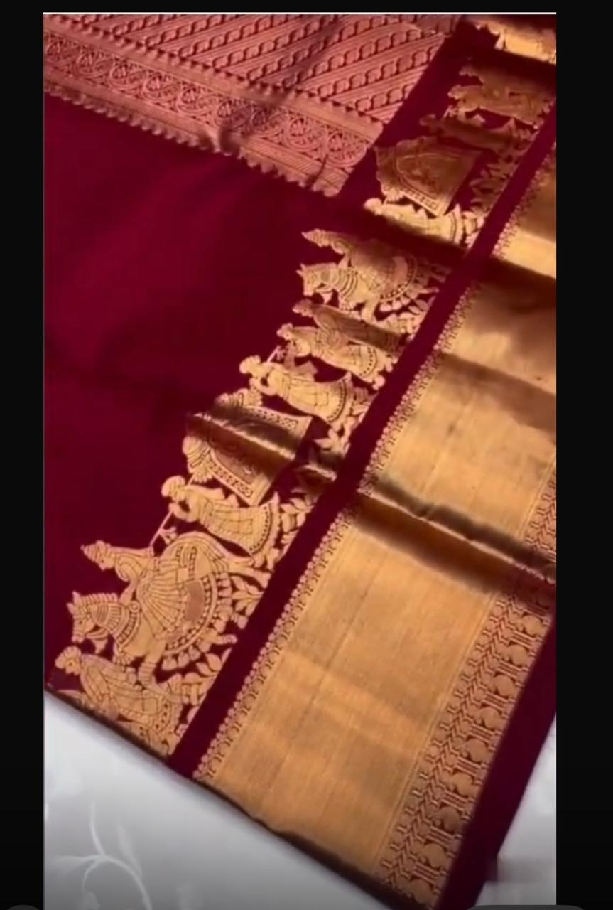 Raja Rani New Design Soft Kanchipuram Silk Saree | Golden Zari Jacquard Work | Unstitched Blouse