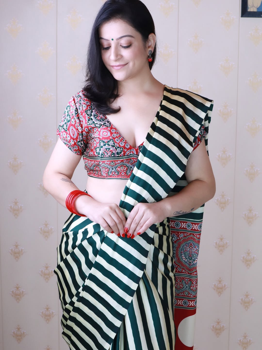 CLOVIRA Opal Green and Parrot Green Pure Soft Crepe Silk Ready-to-Wear Saree