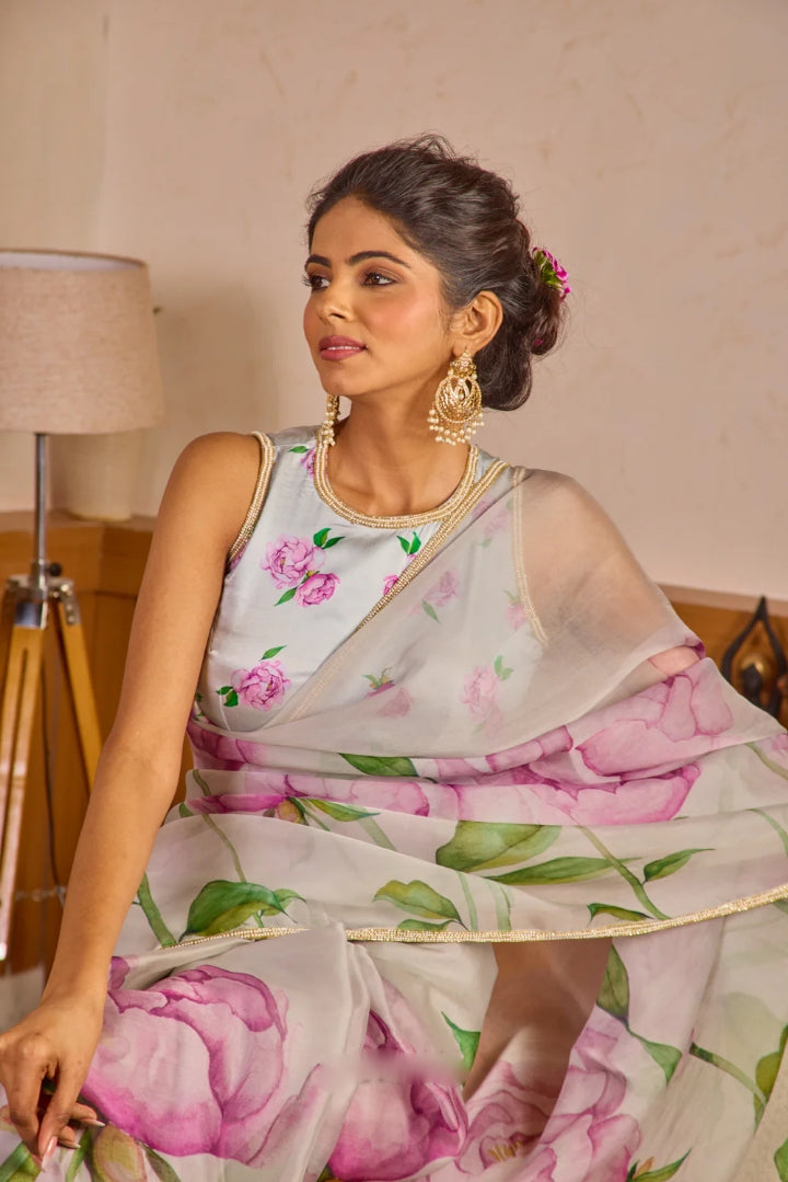 CLOVIRA Tabby Organza Ready-to-Wear Saree with Stitched Blouse | Elegant Designer Party Wear Collection