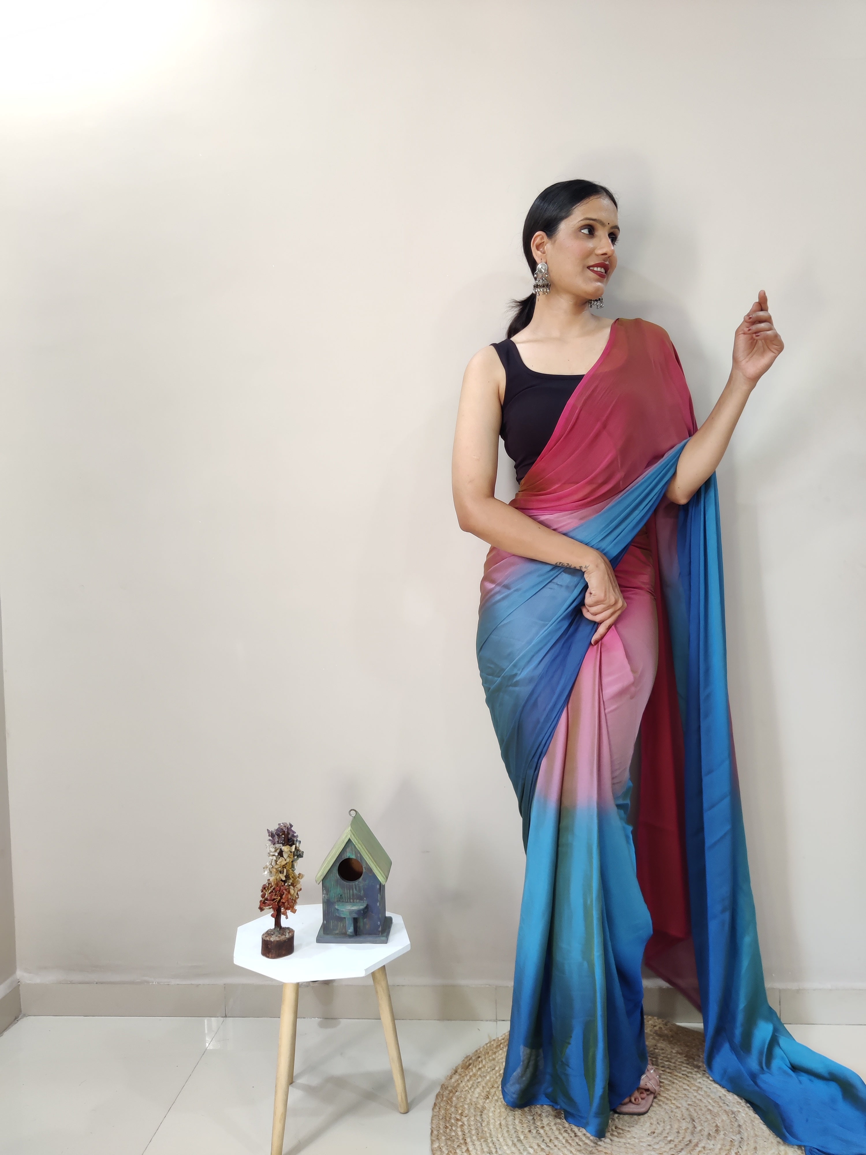 Magnificat 1-Minute Ready-To-Wear Multi-Colour Chiffon Silk Saree | Printed Design with Blouse Piece