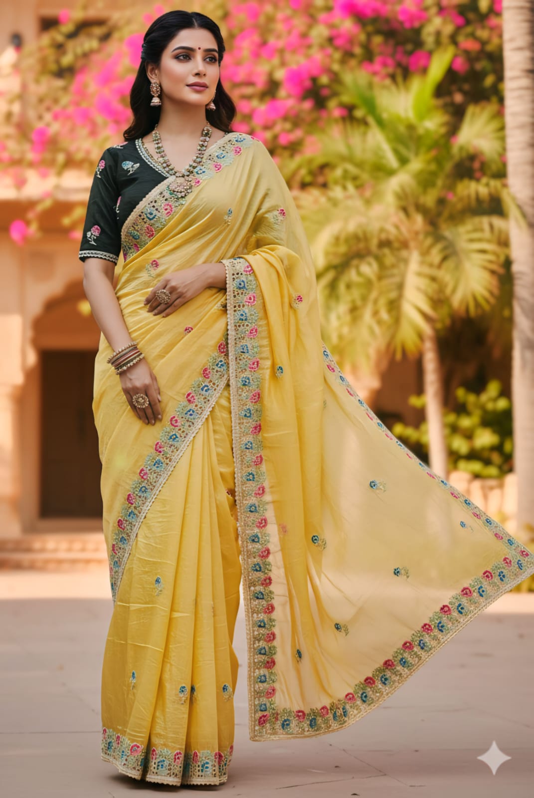 Premium Designer Soft Gold Crush Silk Saree | Multicolor Embroidery Cutwork Border with Stitched Blouse