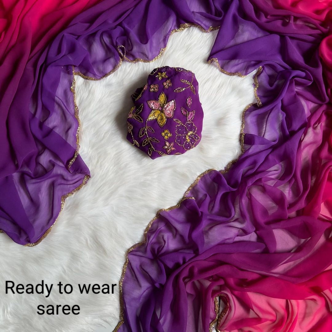 Exquisite 1-Minute Ready-To-Wear Peach Georgette Saree | Printed Design with Border Work & Blouse Piece