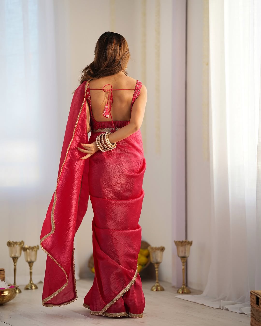 CLOVIRA Royal 1-Minute Ready-To-Wear Golden Crush Silk Saree | Elegant Border with Stitched Blouse