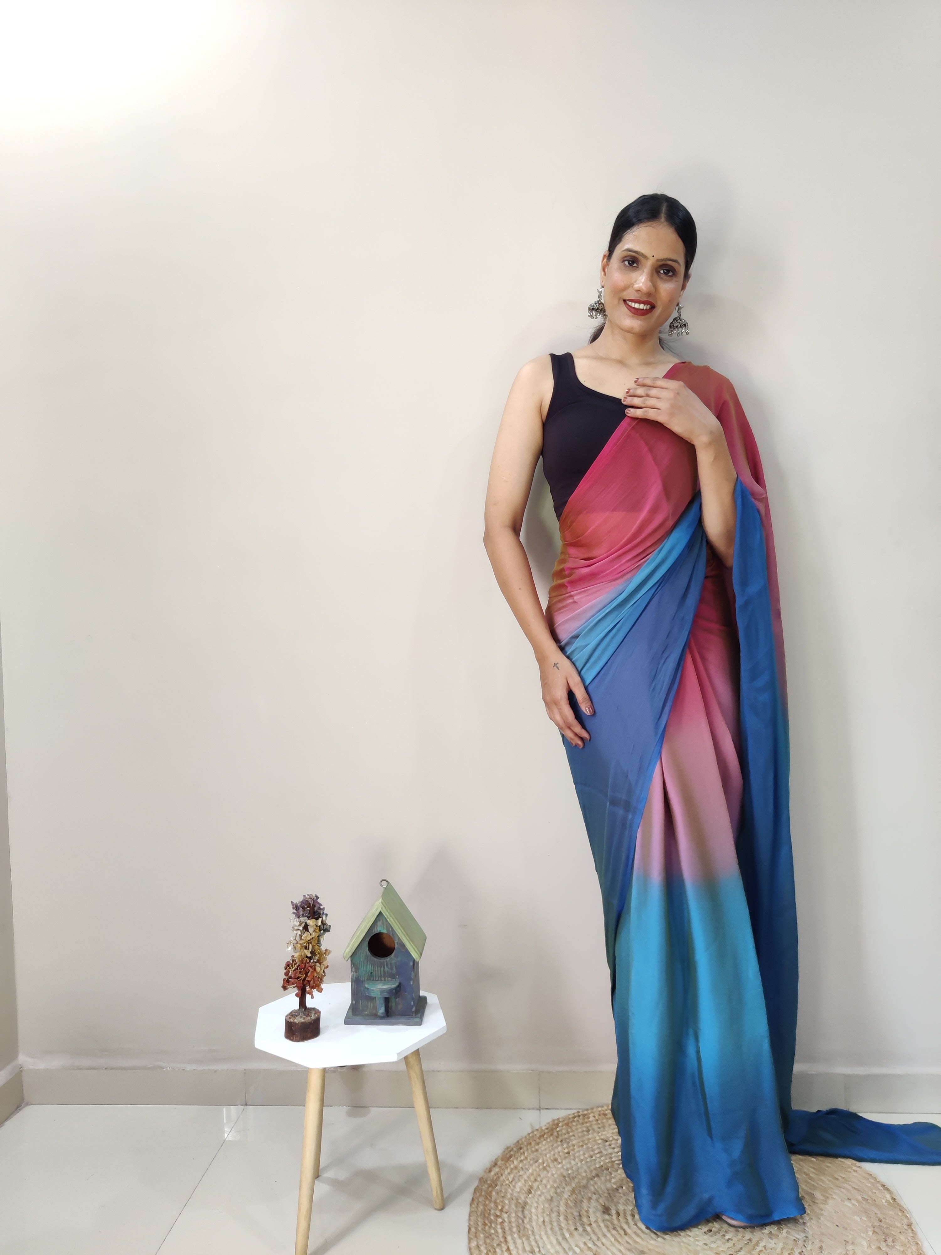 Magnificat 1-Minute Ready-To-Wear Multi-Colour Chiffon Silk Saree | Printed Design with Blouse Piece