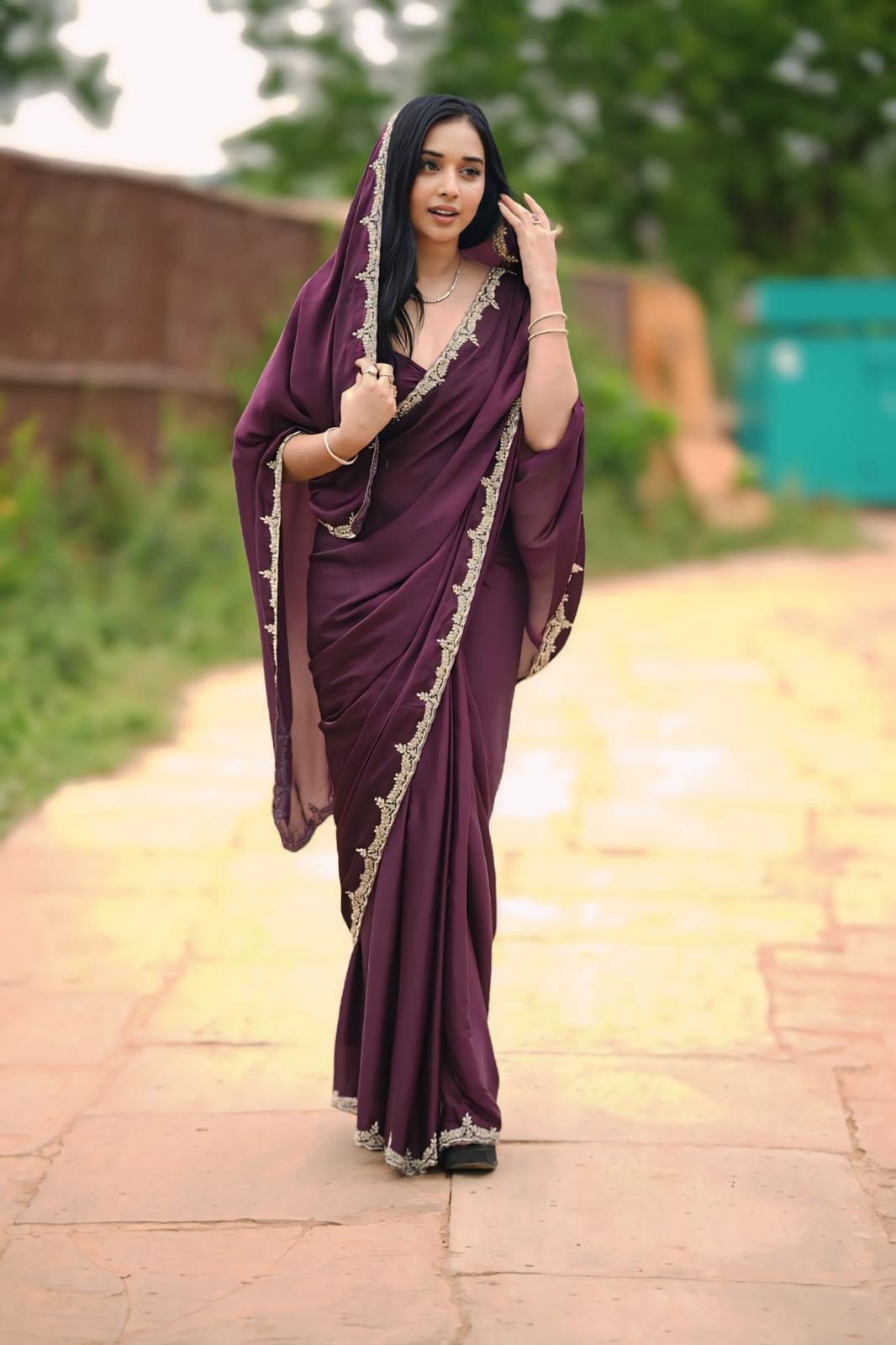 CLOVIRA 1-Minute Ready-to-Wear Rangoli Silk Saree with Handwork Border & Stitched Blouse | Effortless Luxury Collection