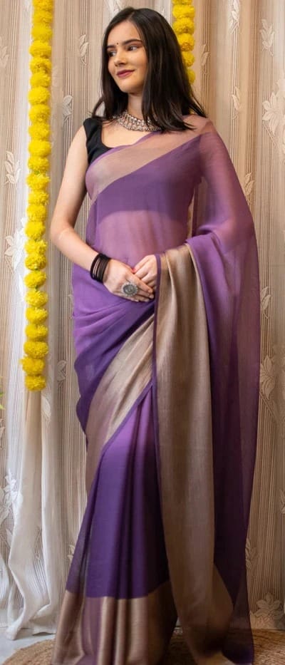 Magnificat 1-Minute Ready-To-Wear Chiffon Saree | Printed Design with Blouse Piece