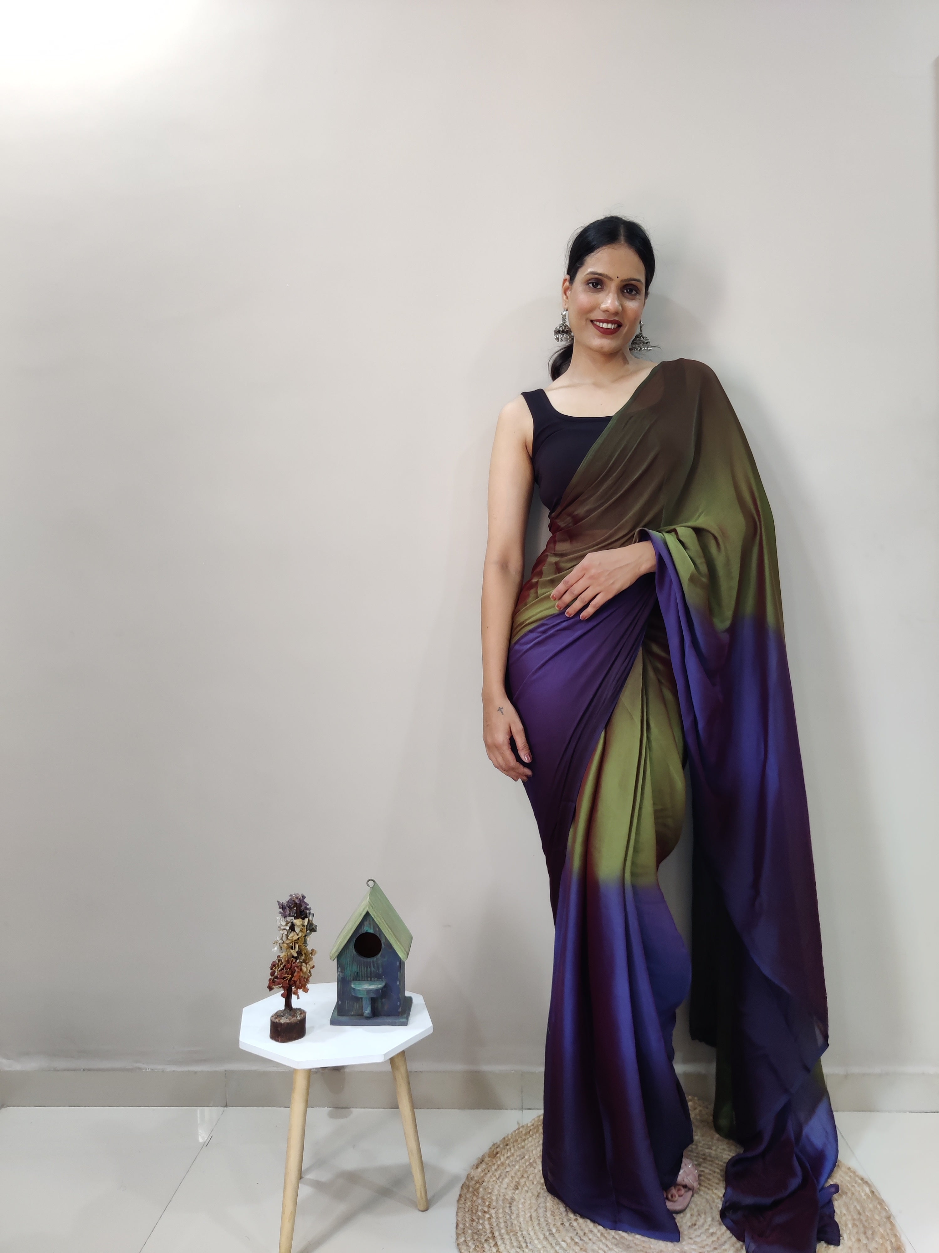 Magnificat 1-Minute Ready-To-Wear Multi-Colour Chiffon Silk Saree | Printed Design with Blouse Piece