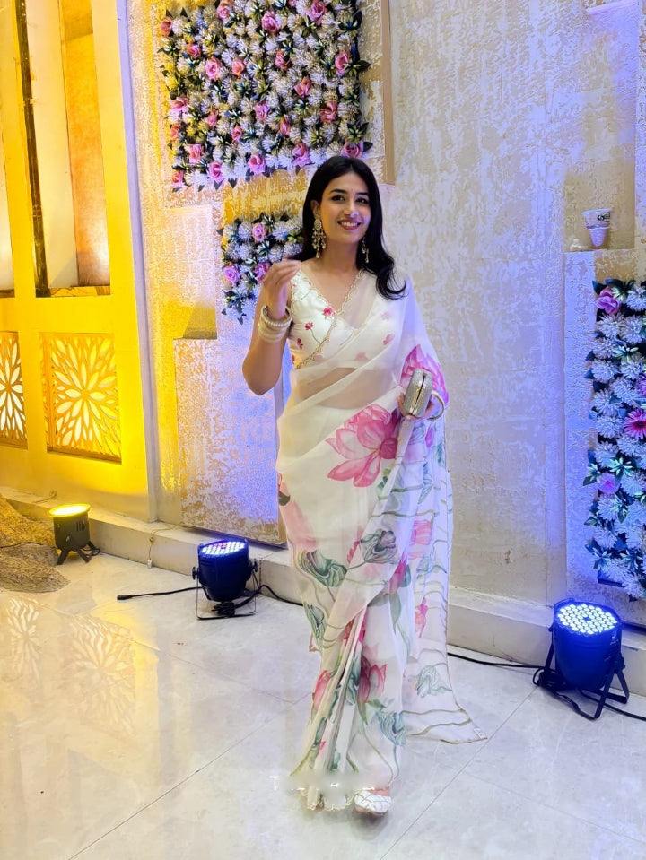 CLOVIRA 1-Minute Ready-to-Wear Tabby Organza Saree with Printed & Handwork Border | Luxurious Designer Collection