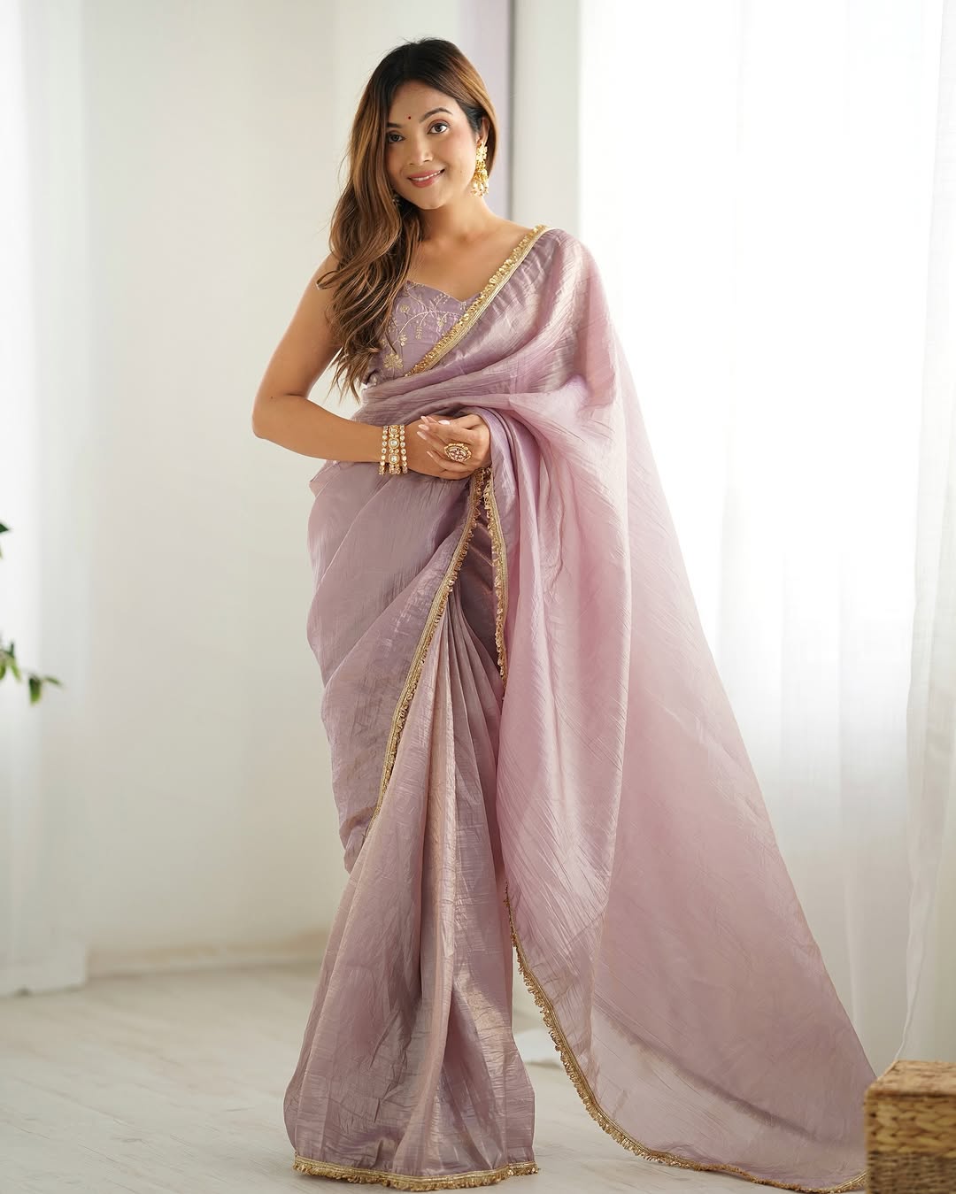 CLOVIRA Royal 1-Minute Ready-To-Wear Golden Crush Silk Saree | Elegant Border with Stitched Blouse
