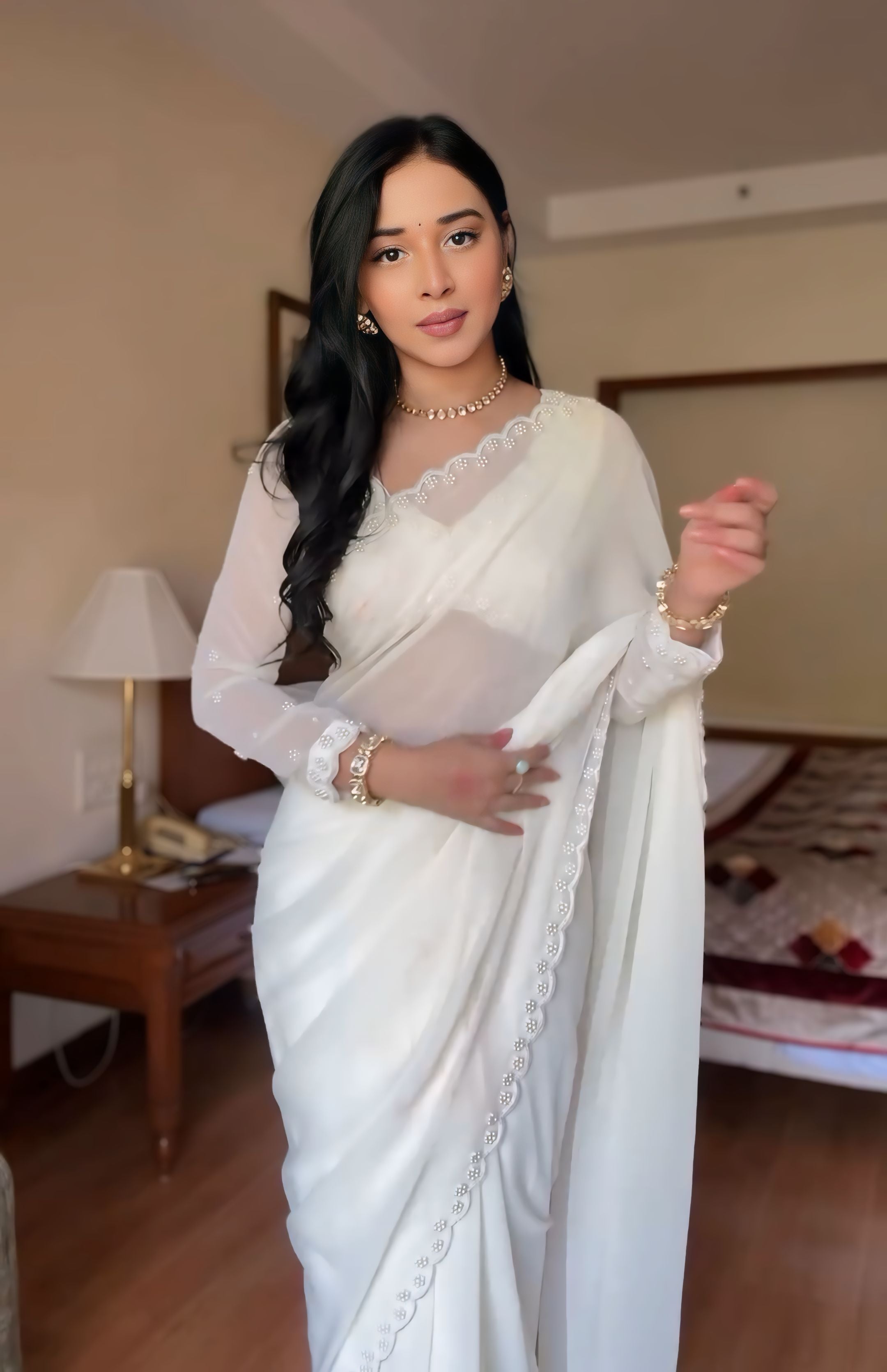 1-Minute Ready-To-Wear Premium Georgette Saree | Handwork & Pearl Detailing with Blouse Piece
