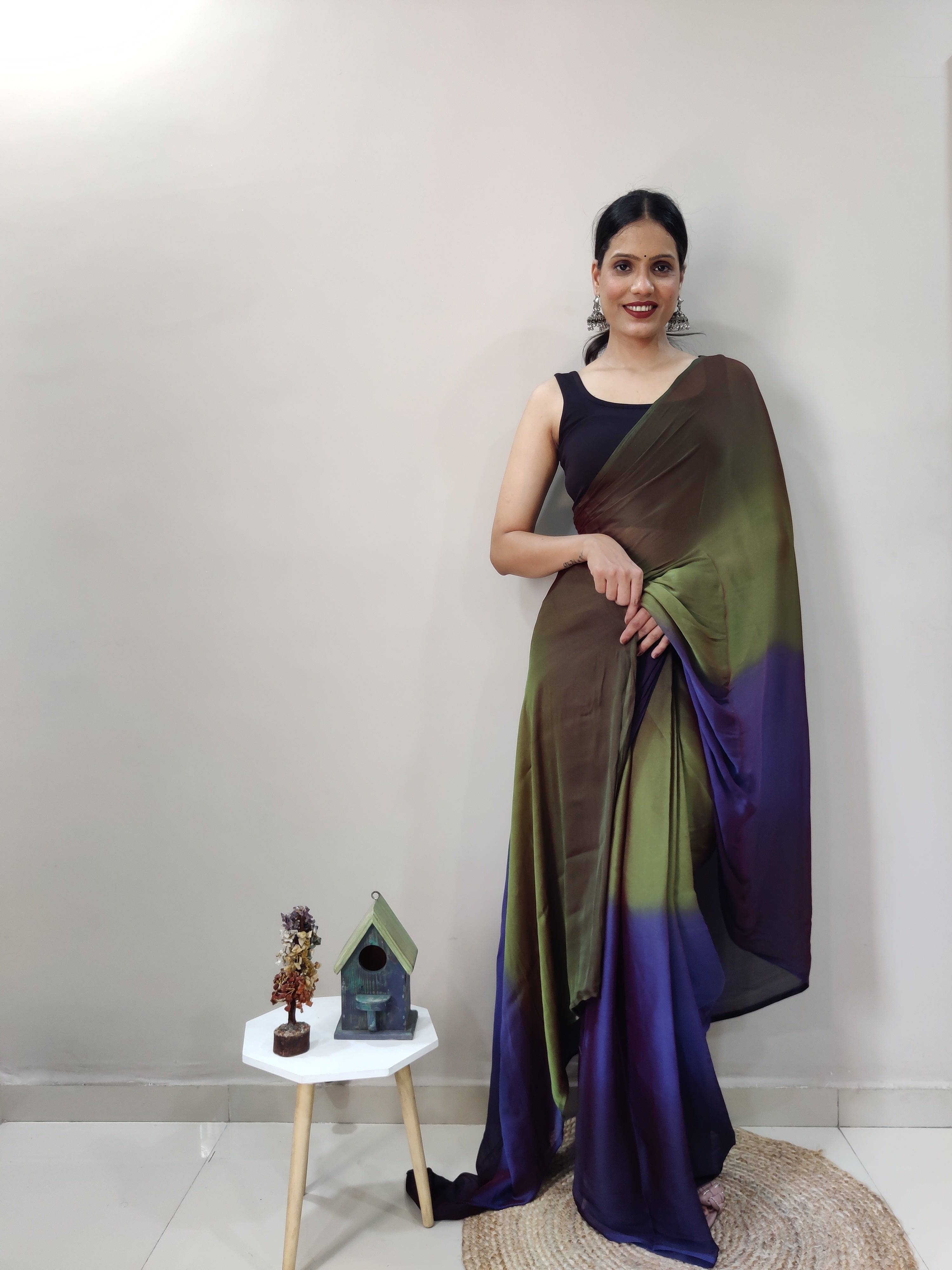 Magnificat 1-Minute Ready-To-Wear Multi-Colour Chiffon Silk Saree | Printed Design with Blouse Piece
