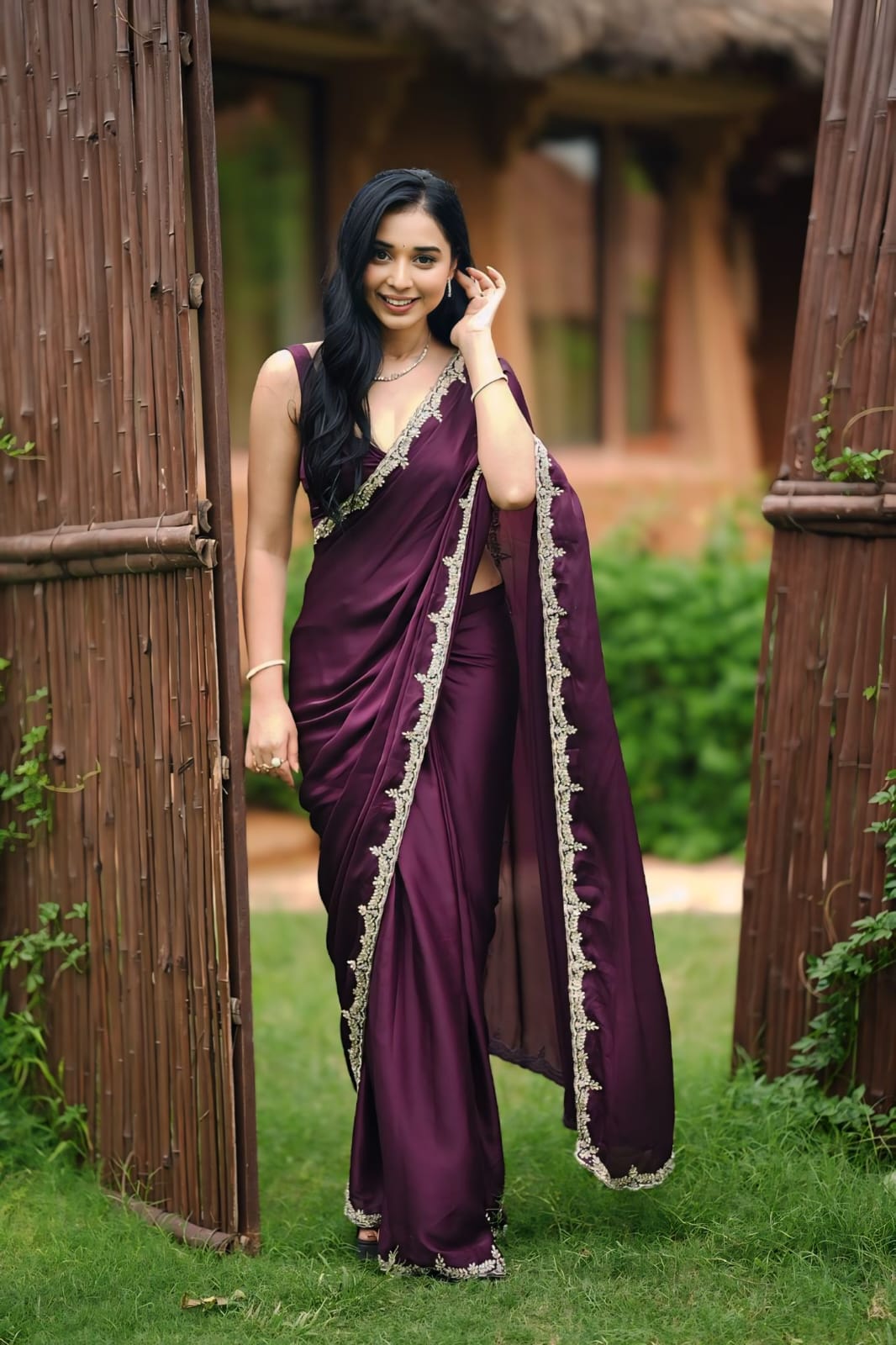 CLOVIRA 1-Minute Ready-to-Wear Rangoli Silk Saree with Handwork Border & Stitched Blouse | Effortless Luxury Collection