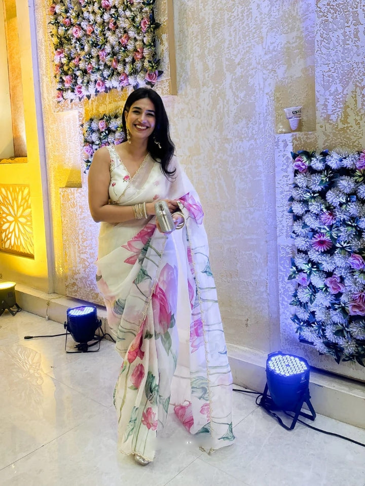 CLOVIRA 1-Minute Ready-to-Wear Tabby Organza Saree with Printed & Handwork Border | Luxurious Designer Collection