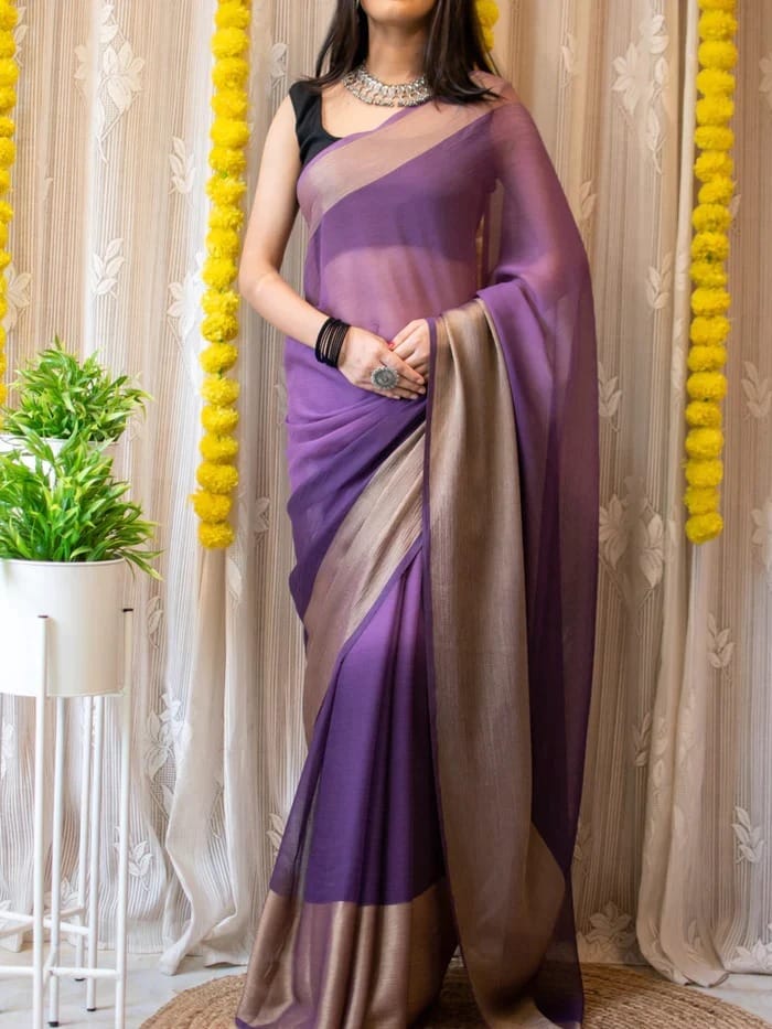Magnificat 1-Minute Ready-To-Wear Chiffon Saree | Printed Design with Blouse Piece
