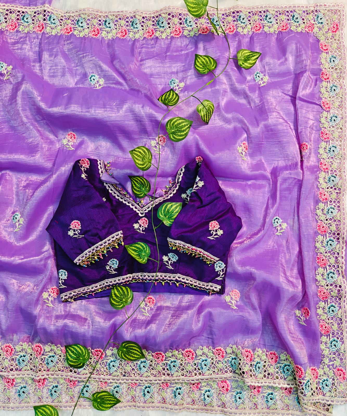 Premium Designer Soft Gold Crush Silk Saree | Multicolor Embroidery Cutwork Border with Stitched Blouse